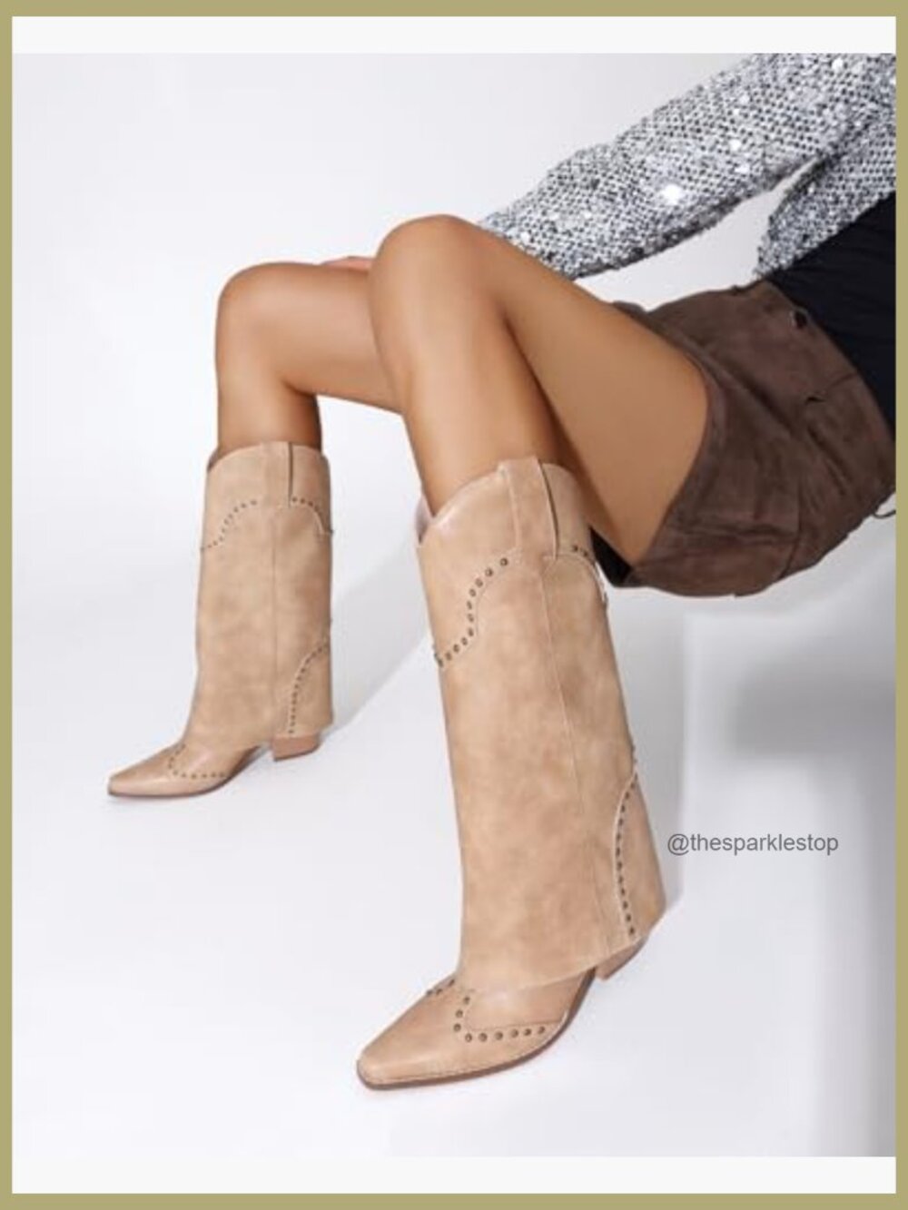 Faux Leather Snip Toe Fold Over Chunky Heel Pull On Cowboy Studded Boots - Picture 2 of 7